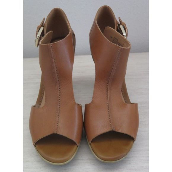 Söfft 1536600 Women's Sz 8M Cognac Dabney Open Toe Leather T-Strap Stacked Heels - Picture 2 of 13